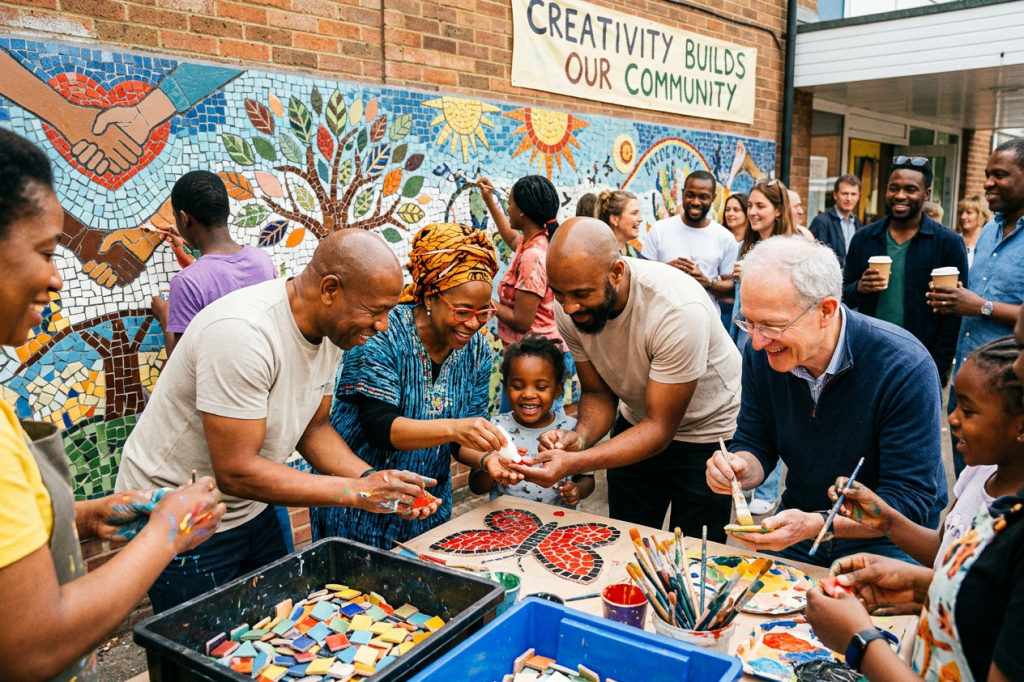 People of various ages collaboratively painting a vibrant mosaic mural