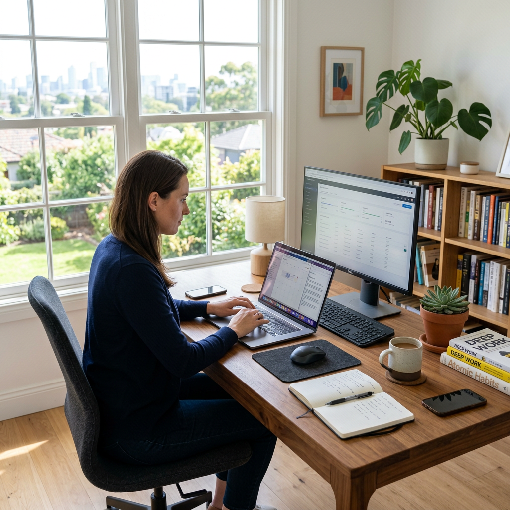 Woman typing on laptop at a wooden desk with dual monitors in a bright home office